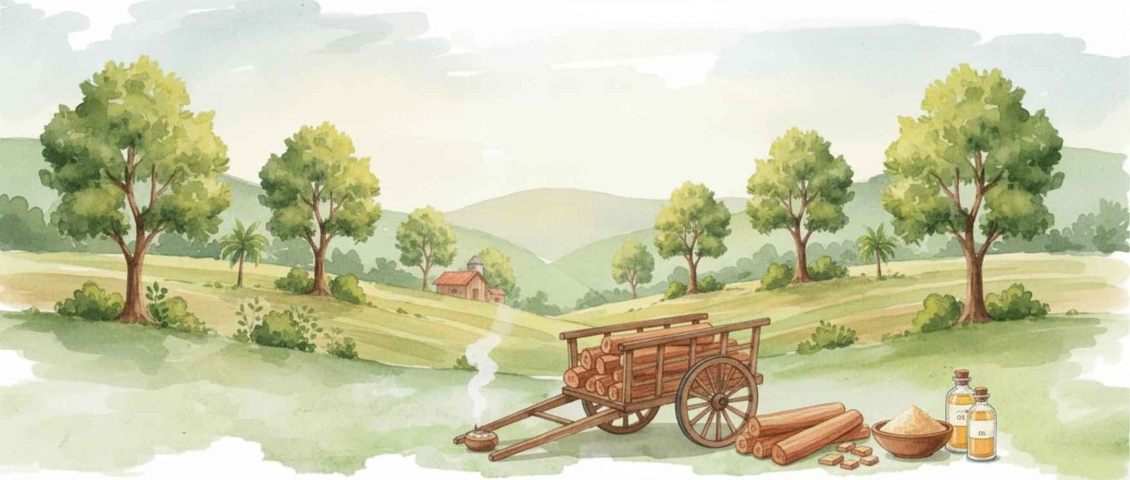 Pure sandalwood oil sourcing and distillation illustration