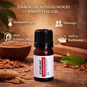 Pourish sandalwood essential oil 5ml bottle with aromatherapy, massage, skin and hair care and bath usage benefits