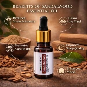 Pourish sandalwood essential oil benefits including stress relief better sleep mood enhancement and healthy glowing skin