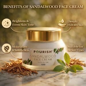 Pourish sandalwood face cream benefits including skin brightening deep hydration softness and even skin tone