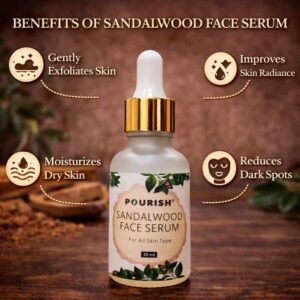 Pourish sandalwood face serum benefits including skin brightening hydration exfoliation and dark spot reduction