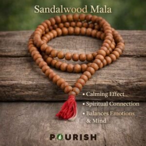 Pourish sandalwood mala benefits calming effect spiritual connection and emotional balance wooden beads mala