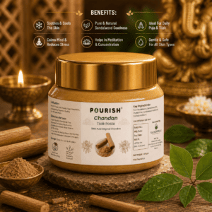 POURISH Chandan Tilak Paste 50g in a premium jar with a golden cap, featuring sandalwood-inspired packaging and a traditional Indian spiritual setting.