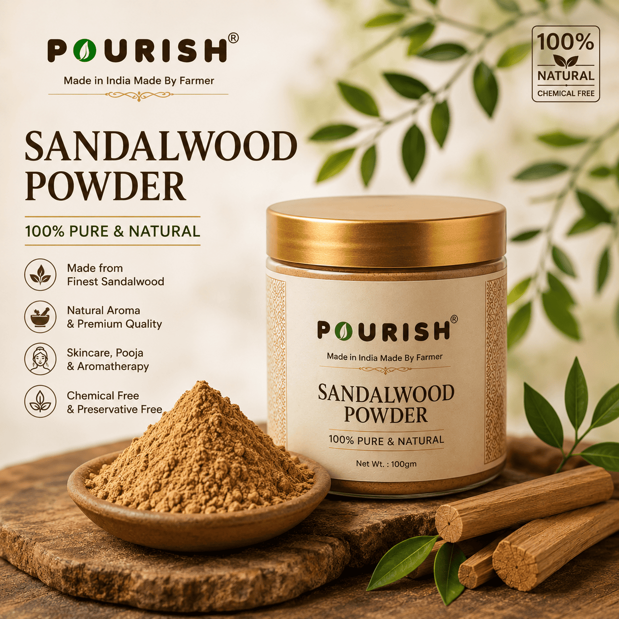 POURISH Chandan Powder โ 100% Pure Original Sandalwood Powder for Skincare